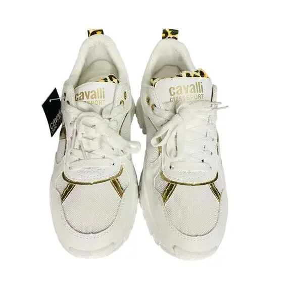 Cavalli class womens Chunky sneakers size 39 white/gold/leopard New - Picture 3 of 9
